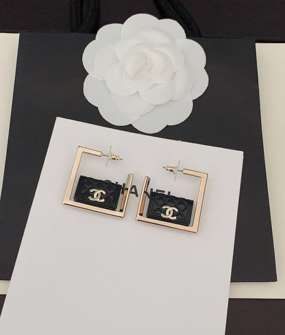 18K  Chanel Black Bag Pendant Earrings