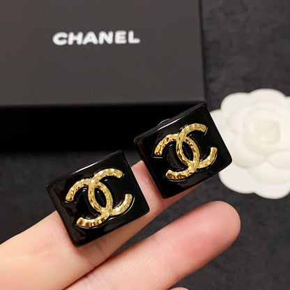 18K  Chanel Black Resin Square Earrings