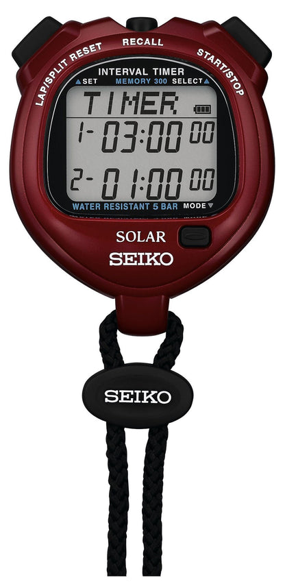 Seiko Solar Interval Training Sports Stopwatch Power Red SVAJ103, Lightweight 61g, 300 Lap Memory, Dual‑Repeat Interval Timer