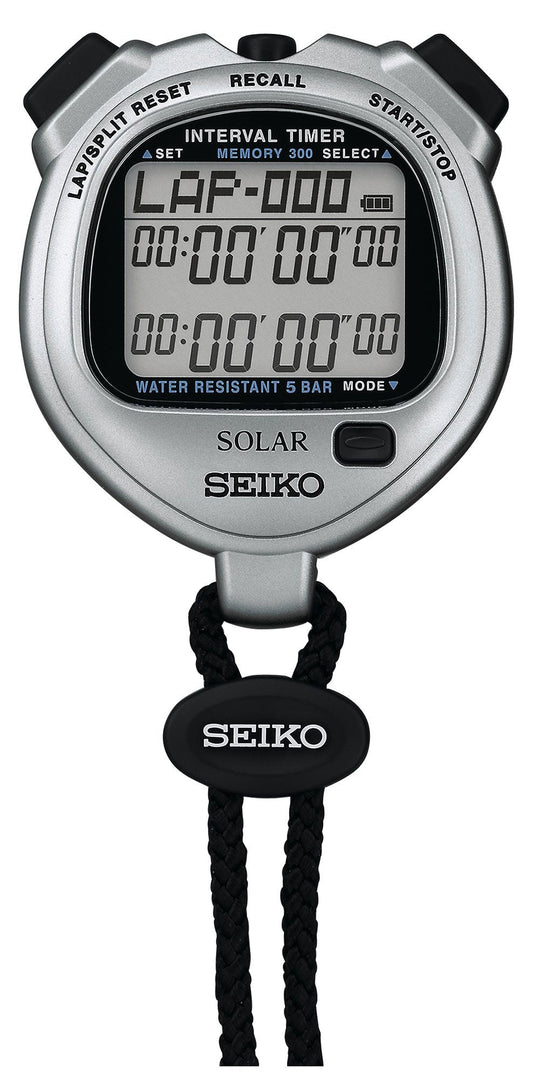 `Seiko Solar Interval Timer Sports Stopwatch SVAJ101, Silver Slim Lightweight, No Battery Replacement Required