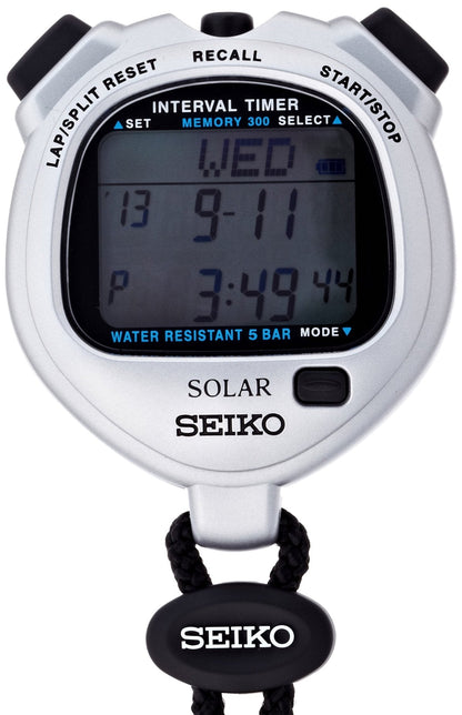 `Seiko Solar Interval Timer Sports Stopwatch SVAJ101, Silver Slim Lightweight, No Battery Replacement Required