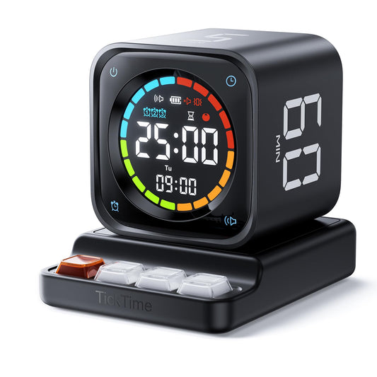 Ticktime TK3 Pomodoro Timer Cube | 25/5 Presets, Custom Countdown, 3 Alarms, Silent/Vibrate Alerts